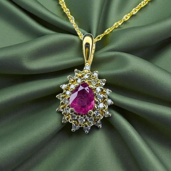 14K Gold -Natural Burmese Ruby Halo Diamond Necklace -20" 2/3 CTTW -Pear Cut -2g - Picture 8 of 16